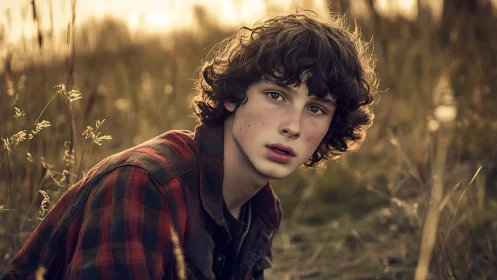 Sunlit daydreamer in flannel amid wild autumn grasses.