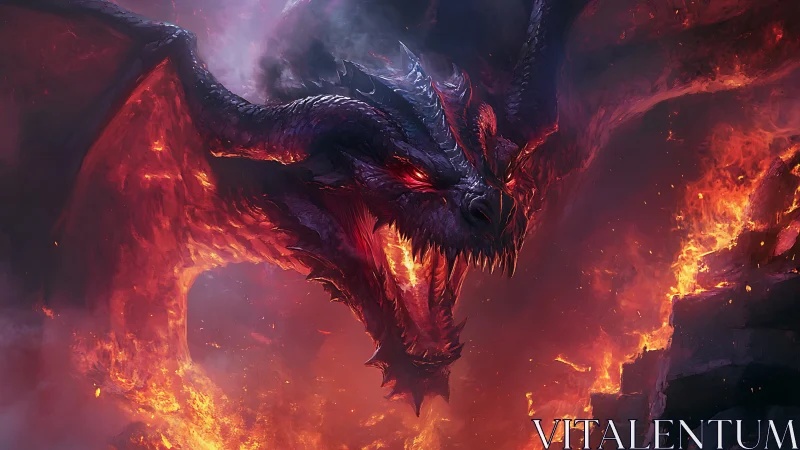 Infernal dragon emerges roaring amid cascading volcanic fire
