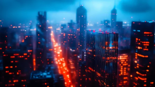 Neon-soaked city skyline glowing through midnight mist.