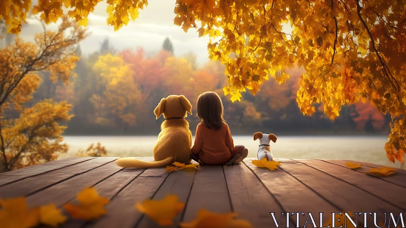 Golden Hour Lakeside Composition: Child, Canines, and Autumnal Foliage.