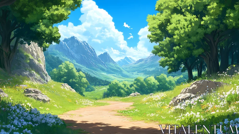 Sunny forest path opens gently toward distant blue mountains