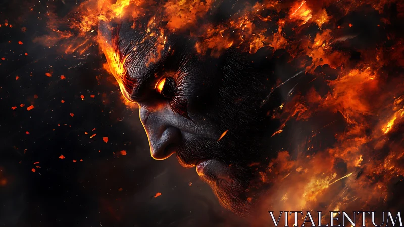 Fiery demon face emerging from swirling dark flames.