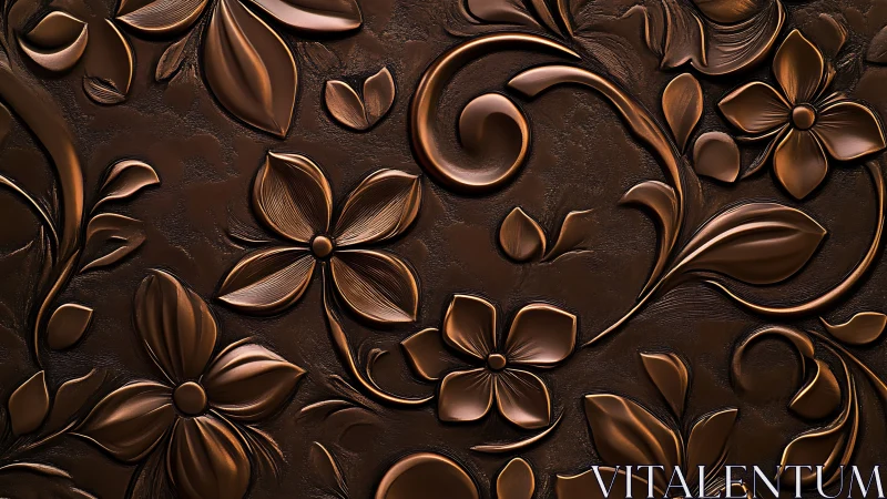 Embossed copper floral relief with swirling leaf motifs.