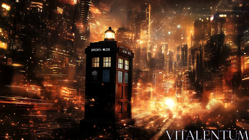 Blue police box in dense futuristic city at night scene.