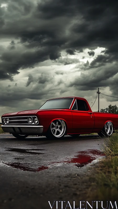 Crimson classic pickup resting under brooding storm clouds.