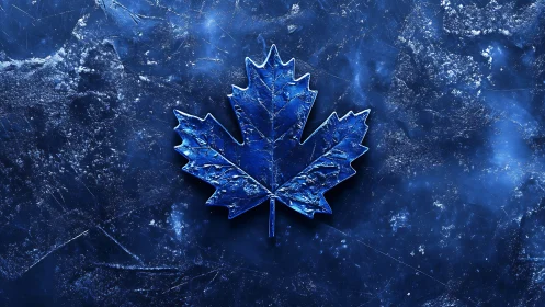 Blue metallic maple leaf over crystallized ice texture.