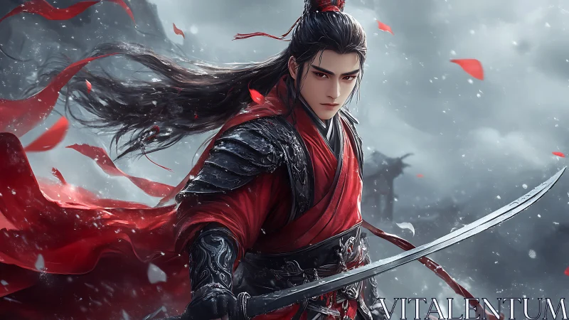 Storm-lit warrior in ornate red armor brandishes curved steel blade