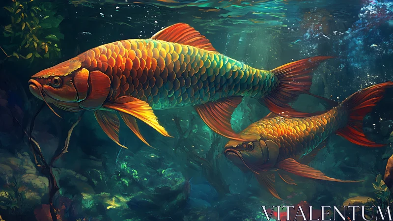 Iridescent koi swim through luminous teal underwater forest.