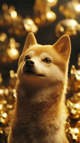 Golden Shiba portrait amid luminous sculpted dogs.