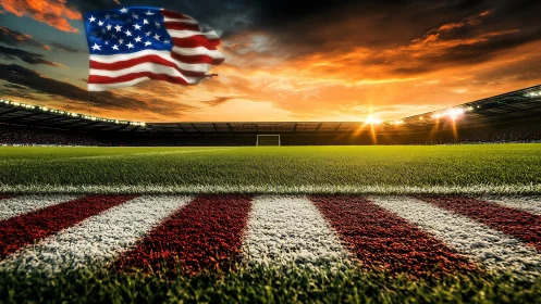 US flag above soccer stadium at sunset with striped turf foreground.