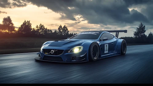 Sunset sprint with a low-slung blue track rocket.