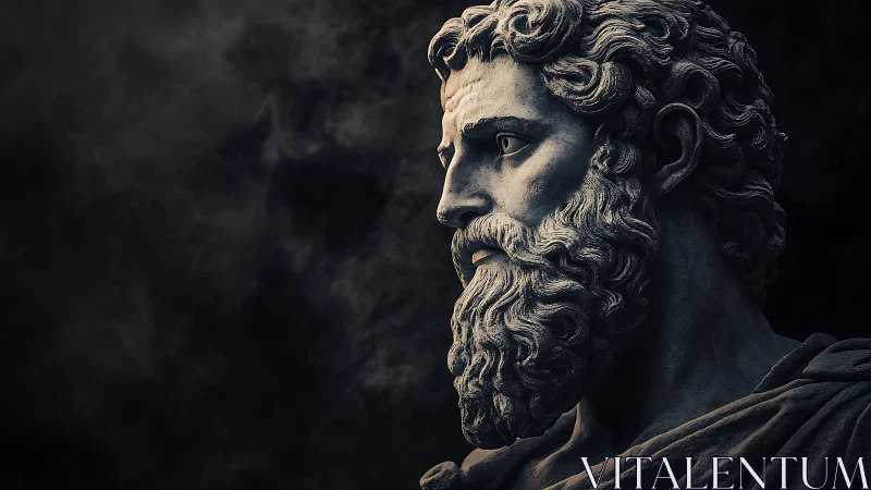 Dramatic stone bust of bearded classical male figure.