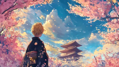 Kimono-clad youth gazing at distant pagoda in sakura sky.