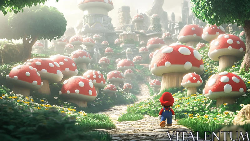 3D fantasy landscape with giant red mushrooms and hero figure.