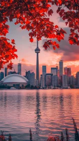 Toronto skyline at sunset framed by vivid red maple leaves.