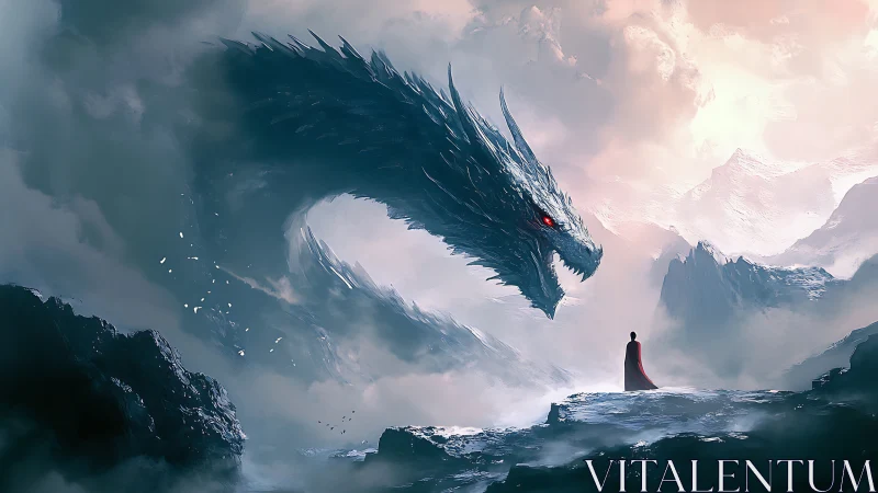 Epic digital painting of lone figure confronting ice dragon.