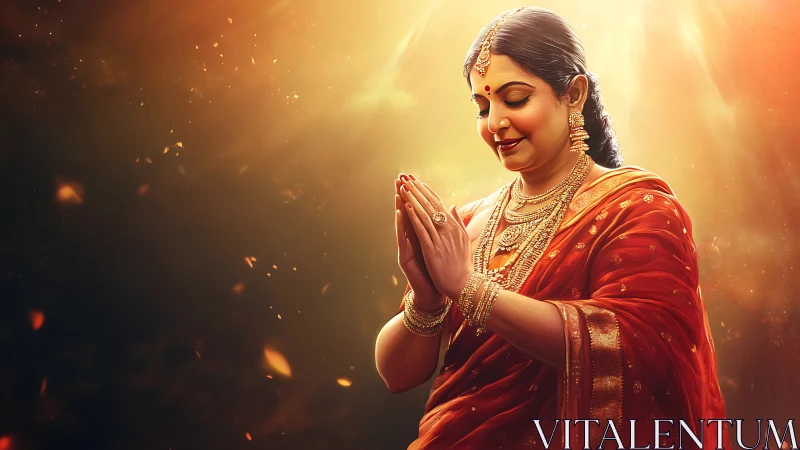 Graceful Indian woman prays in glowing golden light.