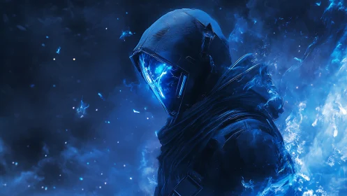 Cybernetic hooded warrior in blue cosmic energy storm.
