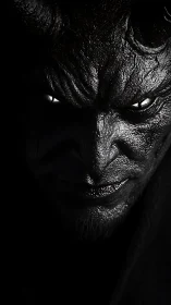 Demonic face emerges from darkness with intense glowing eyes