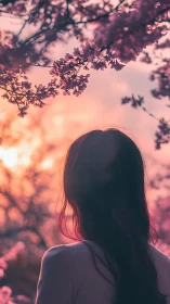 Sunset reverie beneath cherry blossoms in soft pink haze.