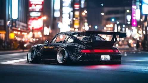 Modified black sports car parked on neon city street at night
