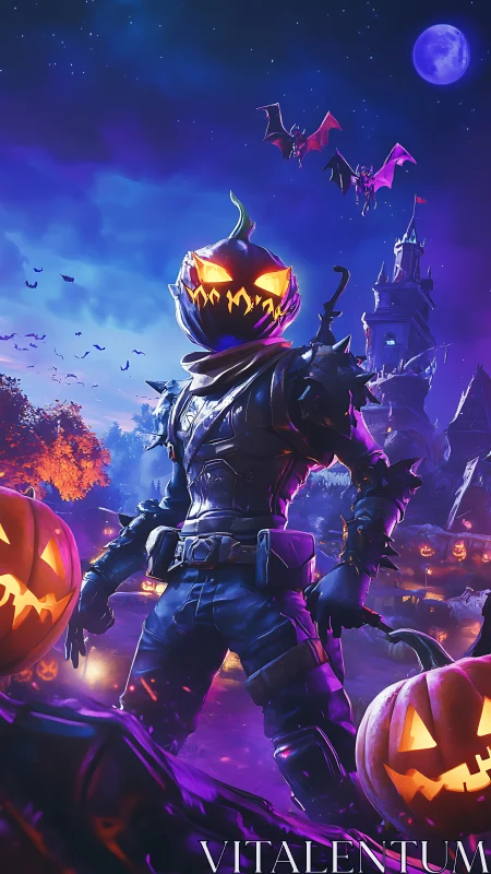 Flaming pumpkin-headed warrior dominates eerie moonlit night.