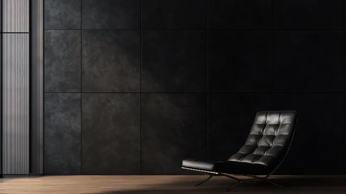 Minimalist leather lounge chair in dark modern interior scene.