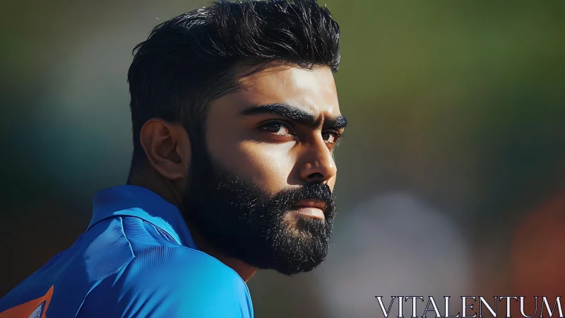 Focused bearded athlete gazes ahead on sunlit sports field