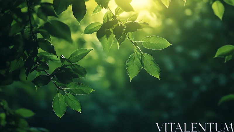 Sunlit Green Leaves in a Forest with Soft Focus Background.