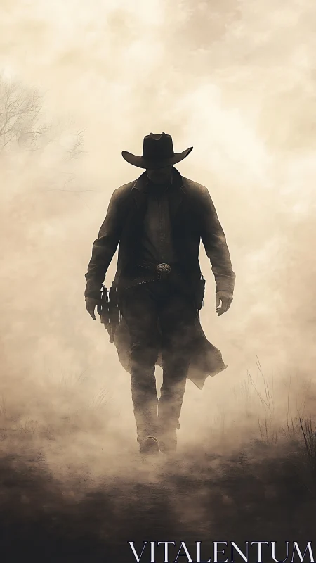 Silhouetted cowboy walks forward through dense ground fog