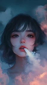 Digital portrait of girl exhaling vapor in dense colored fog.
