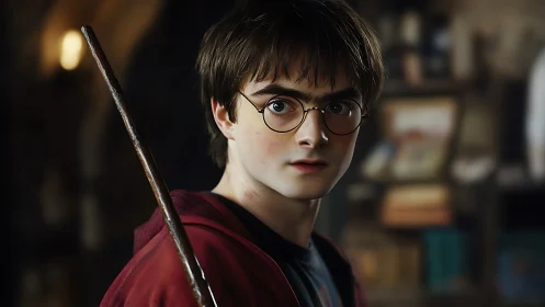 Teenager with round glasses holds wooden wand indoors