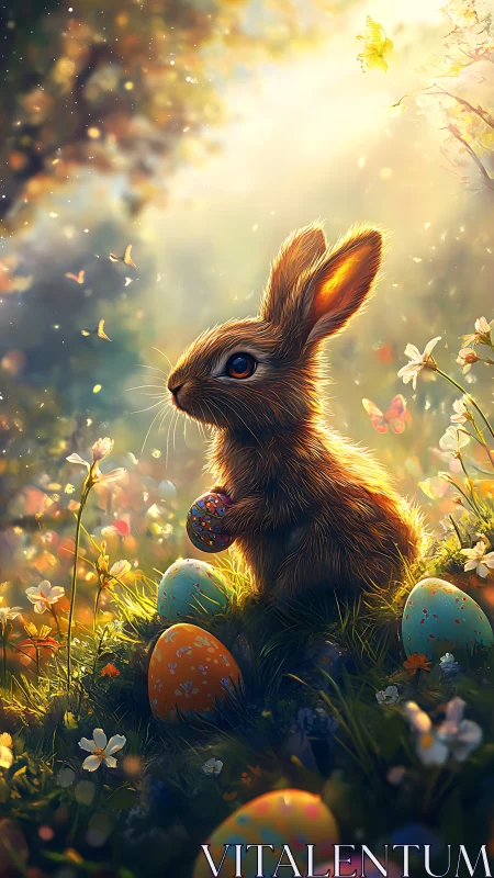Golden light surrounds an Easter bunny guarding painted eggs