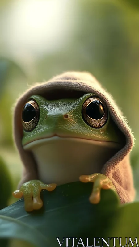 Cozy hooded tree frog peeking out with wide, curious eyes.