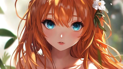 Copper-haired anime portrait with luminous teal eyes in bloom.
