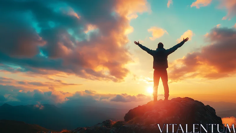 Sunrise silhouette on mountain peak under radiant cloudscape.