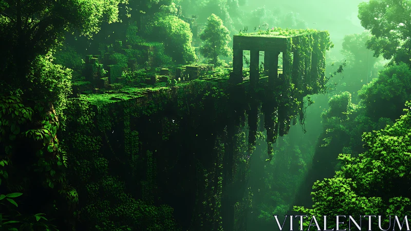 Emerald jungle abyss with ancient skybridge ruins suspended.