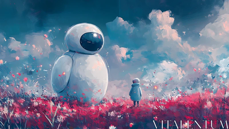 Giant white robot guards child in vivid crimson field.