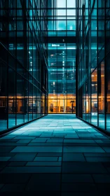 Glass office corridor with blue and orange city lights.