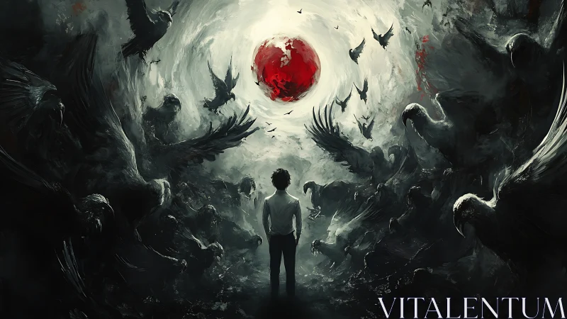 Solitary figure confronts blood-red sun amid circling ravens