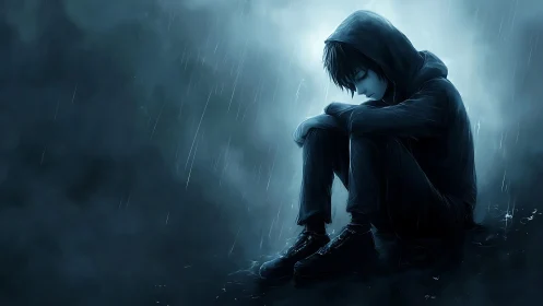 Hooded boy sits alone in heavy rain on a dark ground