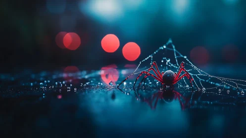 Macro low-angle render isolates red spider on wet dewy web surface