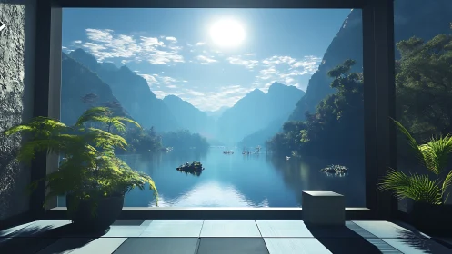 Sunlit lake retreat framed by calm modern interior.