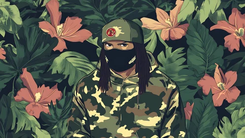 Masked figure in camouflage stands before dense tropical foliage