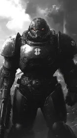 Armored exosuit trooper in monochrome battlefield rendering.