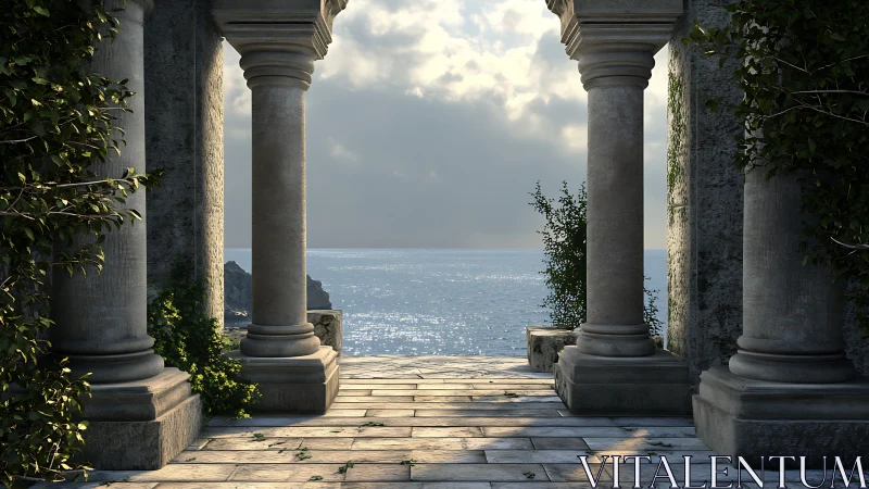 Stone seaside colonnade opening onto calm sunlit water.