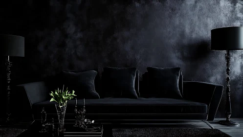 Monochrome black living room highlights low key contrast and texture