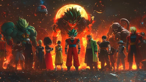Heroic anime ensemble confronts colossal foes in fiery eclipse