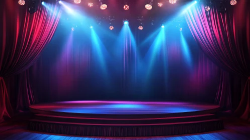 Empty theater stage with colored spotlights and curtains.