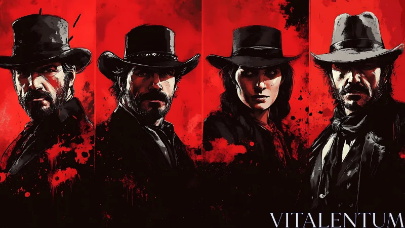 Four stylized outlaw portraits align against red splatter background